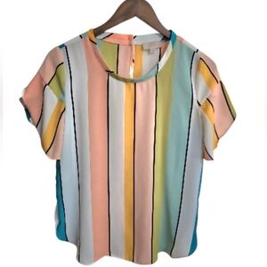 LOFT Pastel Stripes Short Sleeve Blouse Top Women's XS